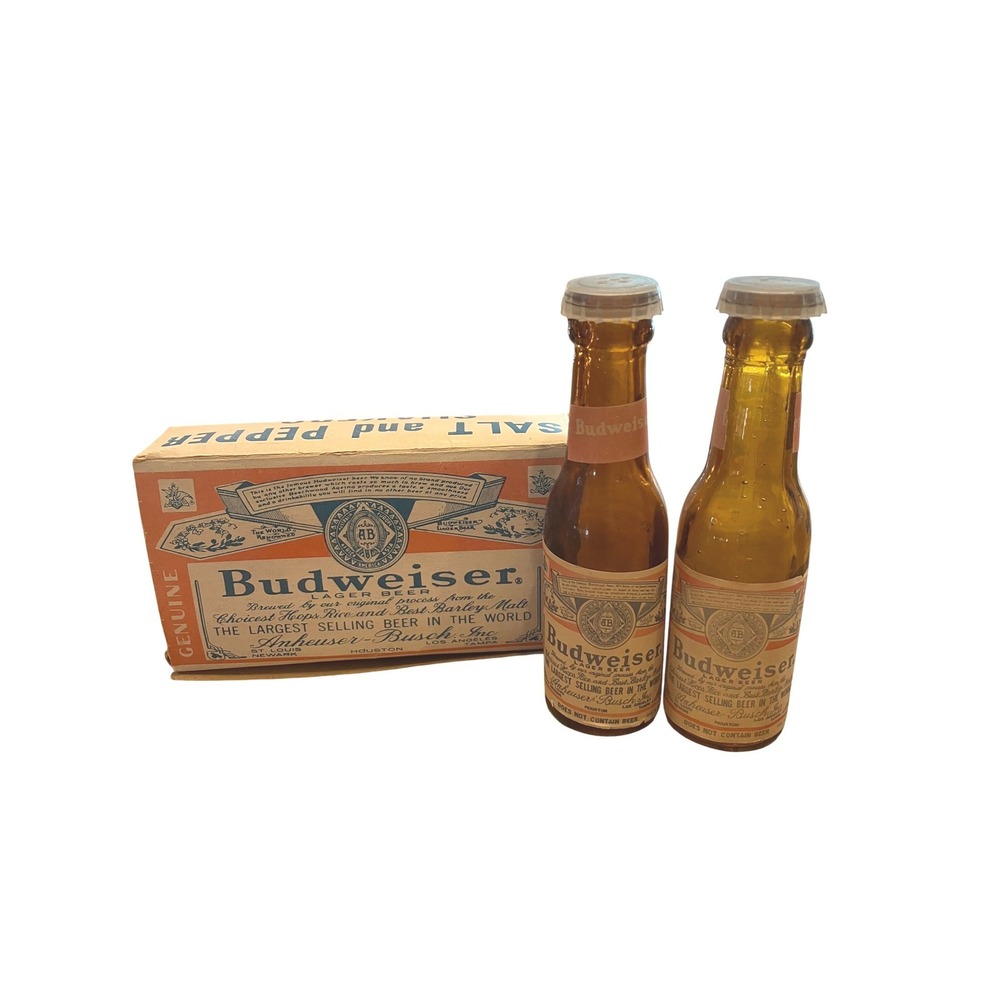Budweiser 1960's Vintage Glass Bottle Salt‎ and Pepper Shaker Set in Box